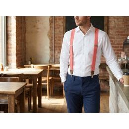 Herren Hosenträger in Korallenfarbe mit braunem Leder und Metallclips