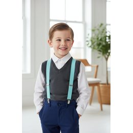 Béžové chlapecké šle s koženým středem a zapínáním na klipy