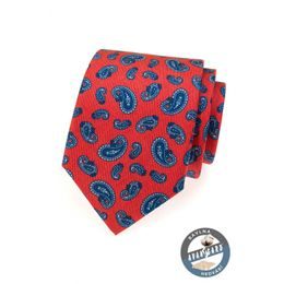 Cravata rosie din matase cu motive paisley albastre