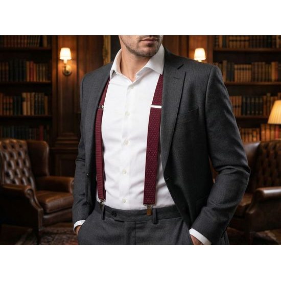 Bordó pánske traky s hnedou kožou a zapínaním na kovové klipy