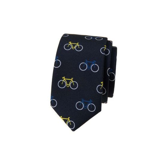 Blaue schmale Krawatte, buntes Fahrradmuster