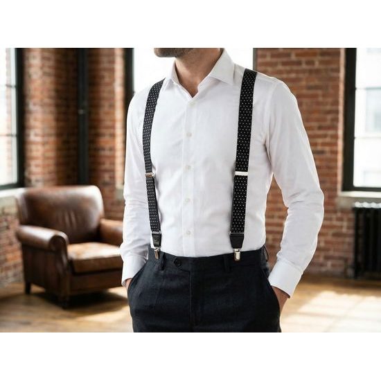 Čierne látkové traky s bielymi bodkami, čiernou kožou a zapínaním na