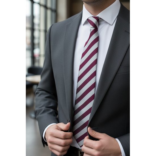 Cravata in dungi cu burgundy si gri