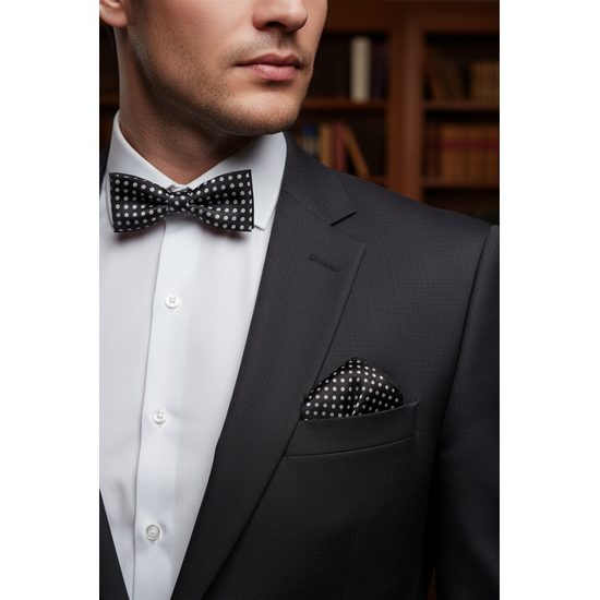 Černý motýlek s kapesníčkem puntikovaný vzor