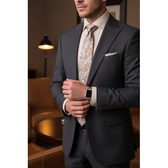 Kravata s béžovým kvetinovým vzorom