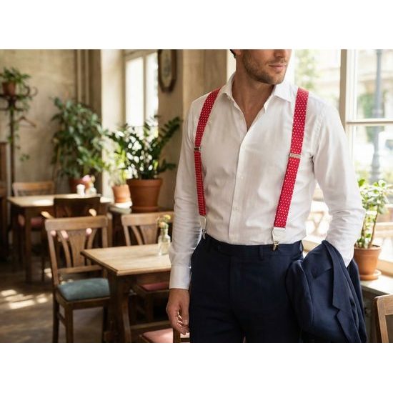 Červeno-biele bodkované traky s bielou kožou a kovovými klipy