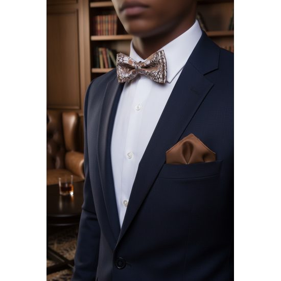 Braune Fliege mit Einstecktuch beige Ornamente