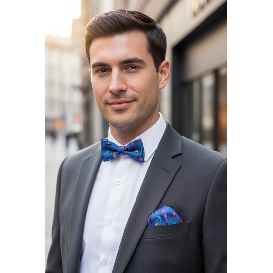 Blaue Fliege mit Einstecktuch, farbige Autos