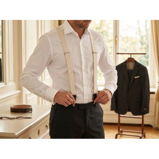 Smotanové traky s lesklým vzorom a čiernou kožou v darčekovom balení