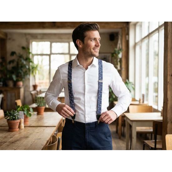 Blaue Hosenträger mit rosa Blüten, schwarzem Leder, Metallclips