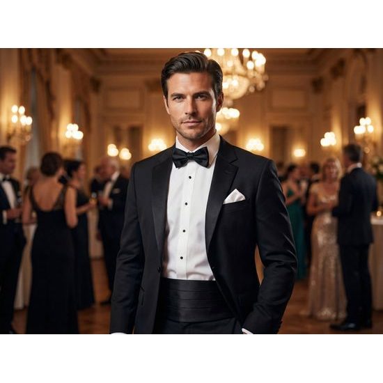 Schwarzes Smoking-Set – Kummerbund, Fliege und Einstecktuch