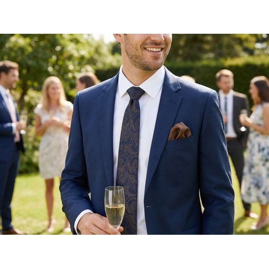 Sötétkék nyakkendő barna paisley tónusokkal