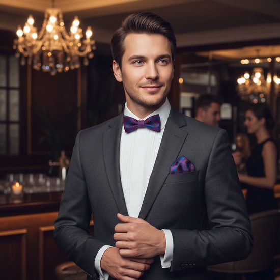 Muszka z poszetką, niebiesko-czerwony wzór