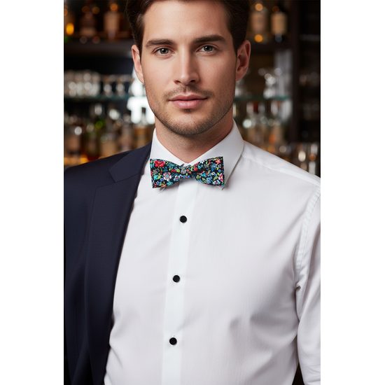 Papion din bumbac albastru închis cu flori colorate