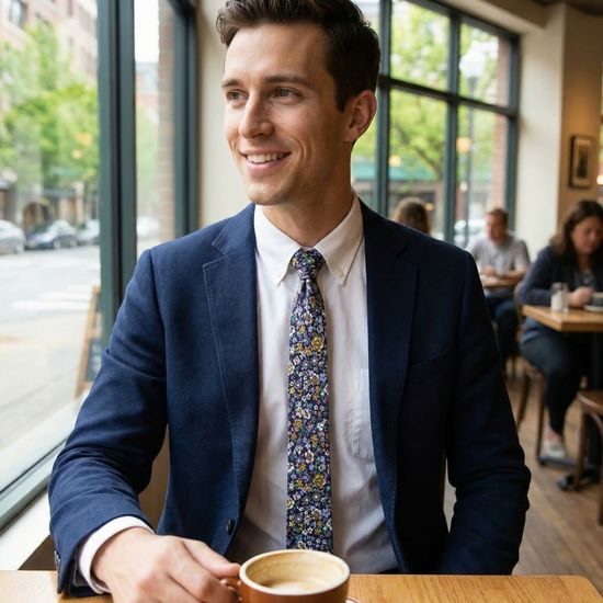 Cravată îngustă mov închis cu flori colorate