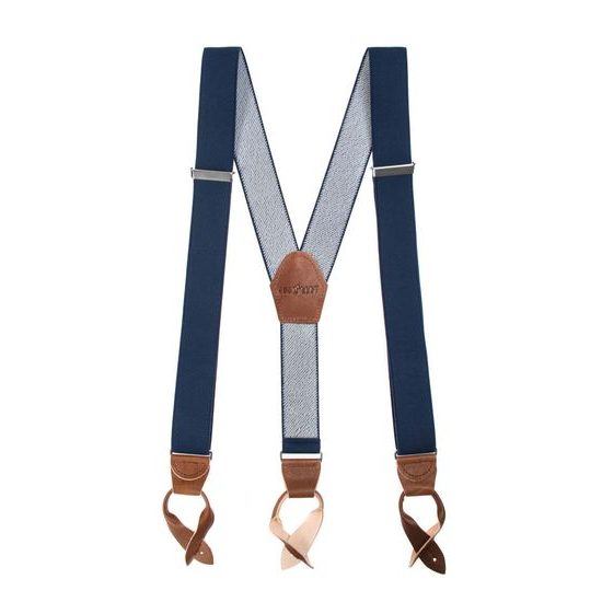 Bretele albastru închis cu accesorii din piele maro pentru nasturi