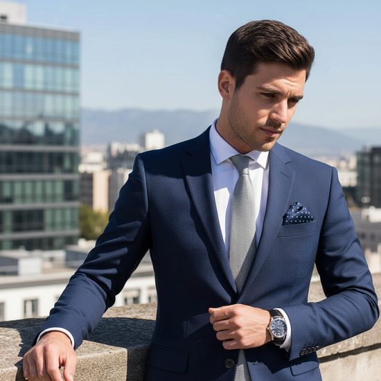 Blaues strukturiertes Einstecktuch mit hellem Punkt