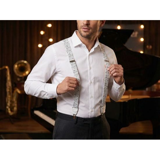 Bílé látkové šle vzor noty, bílá kůže a zapínání na kovové klipy