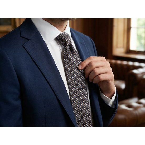 Tmavomodrá kravata s výrazným hnedým vzorom