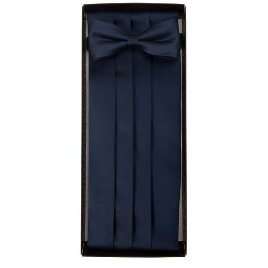 Ciemnoniebieski pas smokingowy z muszką i poszetką