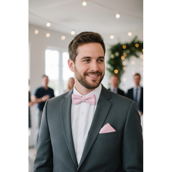 Herren Fliege mit Einstecktuch matt rosa