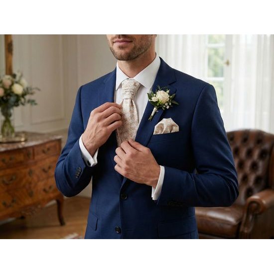 Esküvői nyakkendő zsebkendővel – elefántcsont