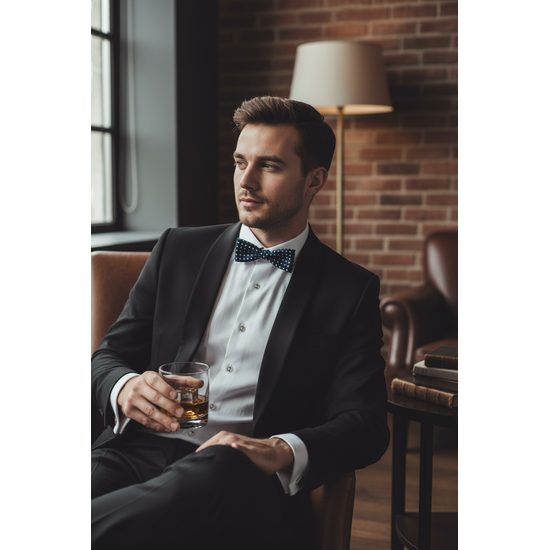 Синя памучна папийонка на бели точки