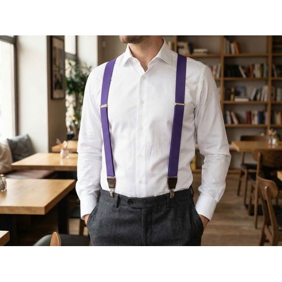 Látkové fialové šle Y s koženým středem, tmavě hnědá kůže