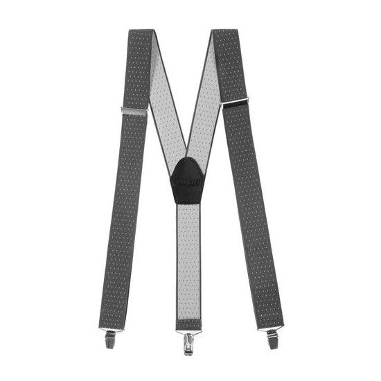 Graue Hosenträger mit Punkten, schwarzem Leder und Metallclips