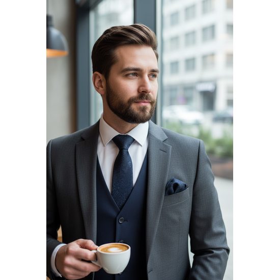 Cravata cu model albastru inchis cu batista