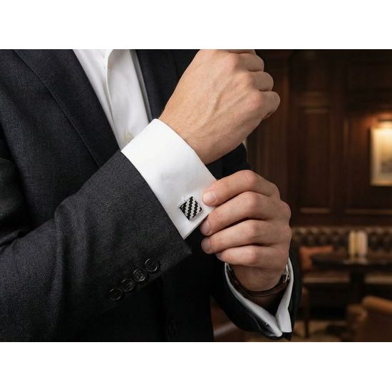 Silberne Manschettenknöpfe mit schwarzen Kräuselungen