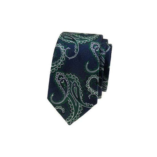 Blaue Slim-Krawatte, grünes Paisley-Muster