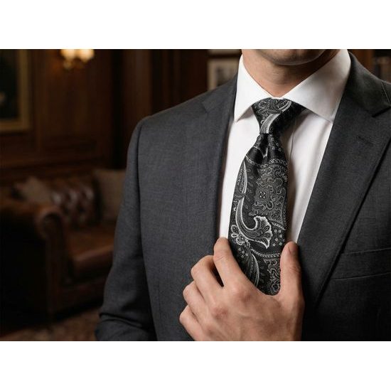 Čierna kravata s výrazným paisley vzorom