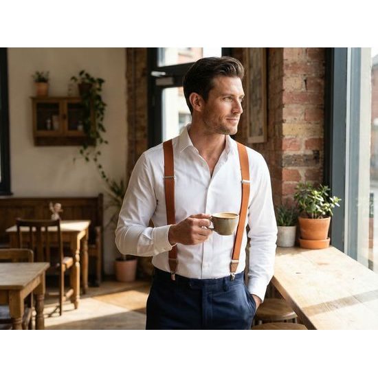 Škoricovo hnedé látkové traky s hnedou kožou a zapínaním na kovové klipy