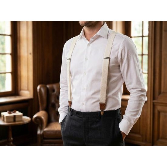 Smotanové pánske traky s lesklým vzorom a hnedou kožou v darčekovej k