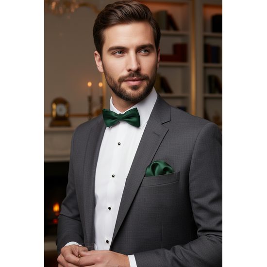 Матово зелена папионка с кърпичка