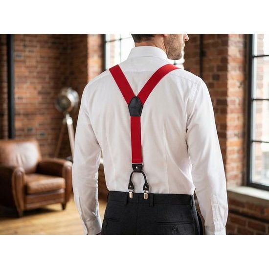 Červené traky s čiernymi doplnkami a kovovými klipy