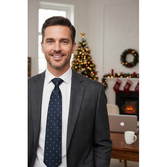 Kék nyakkendő karácsonyfákkal