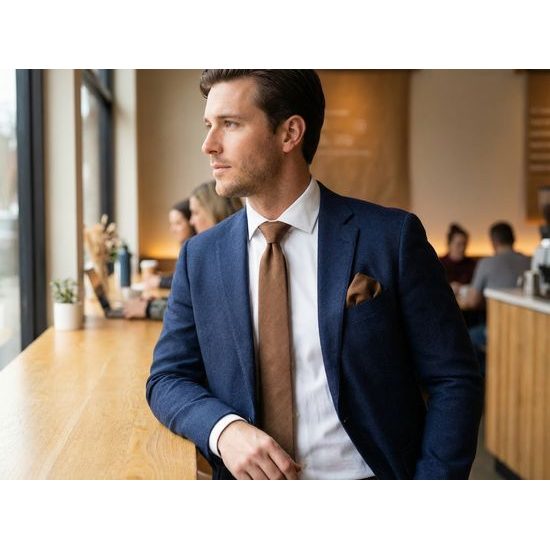 Škoricovo hnedá kravata s vreckovkou