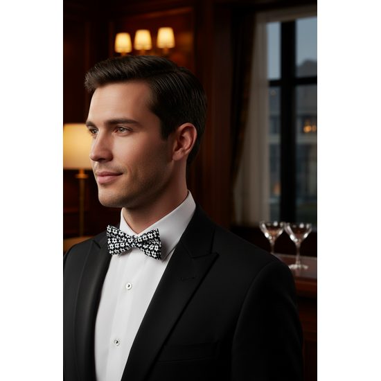 Мъжка черна памучна папийонка с бели цветя