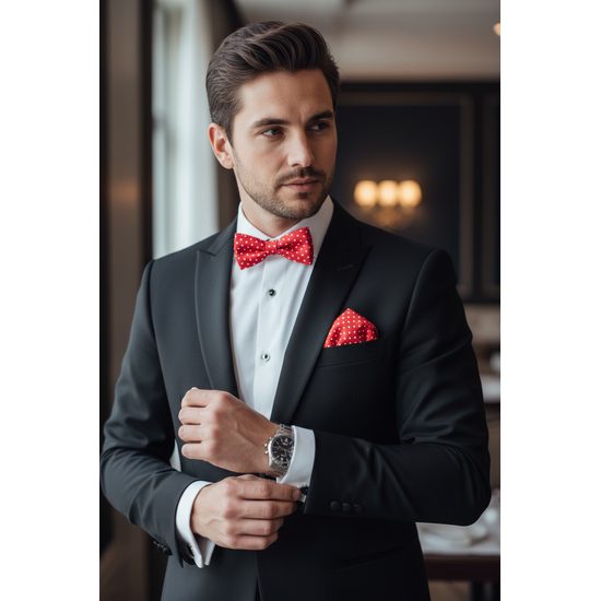 Piros csokornyakkendő fehér ponttal + díszzsebkendő