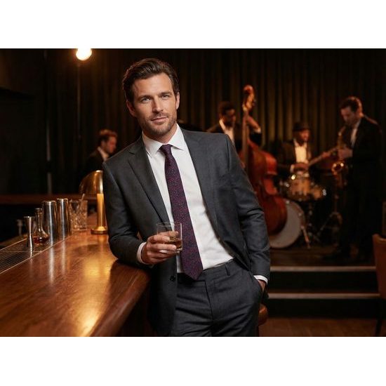 Modrá slim kravata červené noty