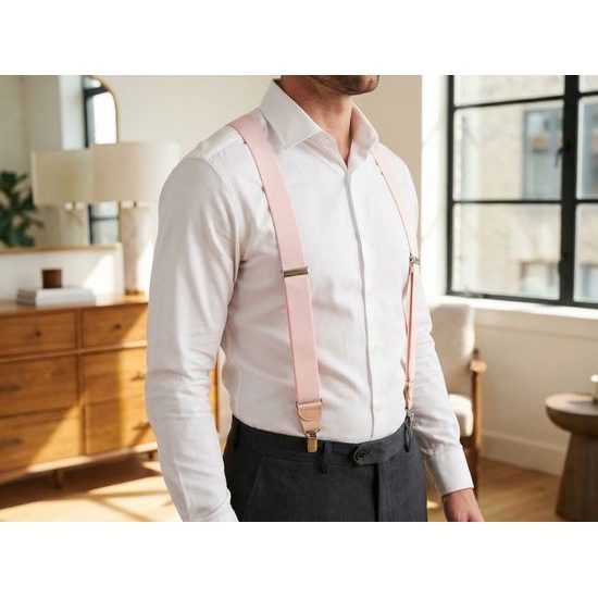 Púdrové látkové traky s béžovou kožou a kovovými klipy v darčekovej k