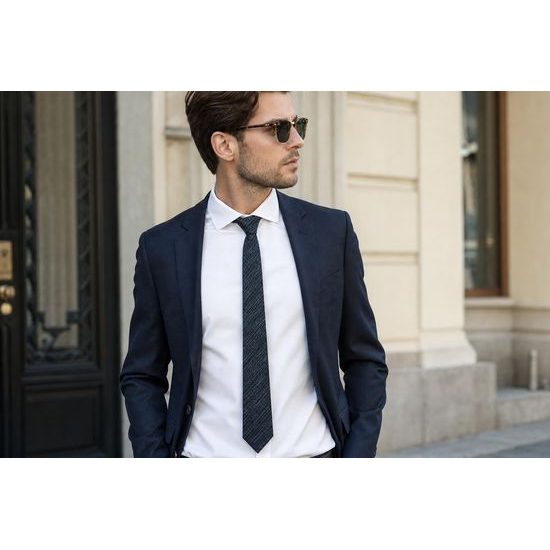 Cravată bleumarin îngustă cu model liniar discret