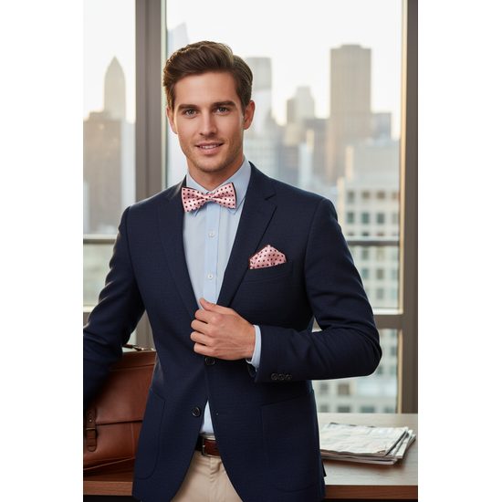 Dupla rózsaszín csokornyakkendődíszzsebkendővel, barna pöttyökkel