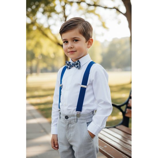 Niebieskie szelki dla chłopców, brązowa skóra i zapięcie na klipsy me