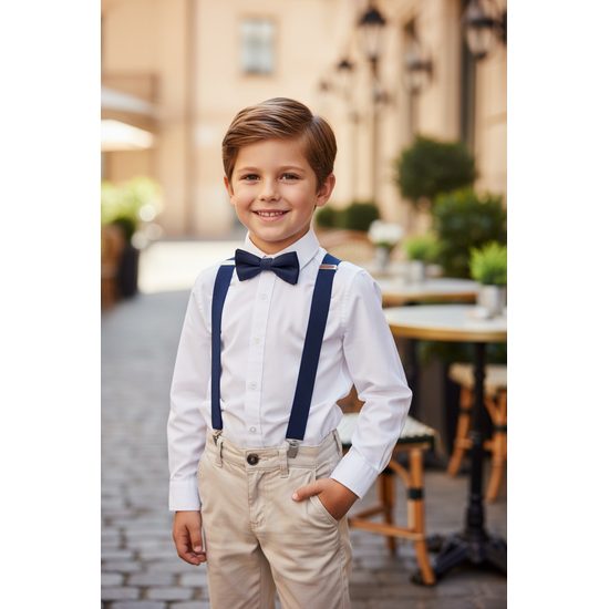 Ciemnoniebieskie szelki dla chłopca, czarna skóra i klipsy metalowe