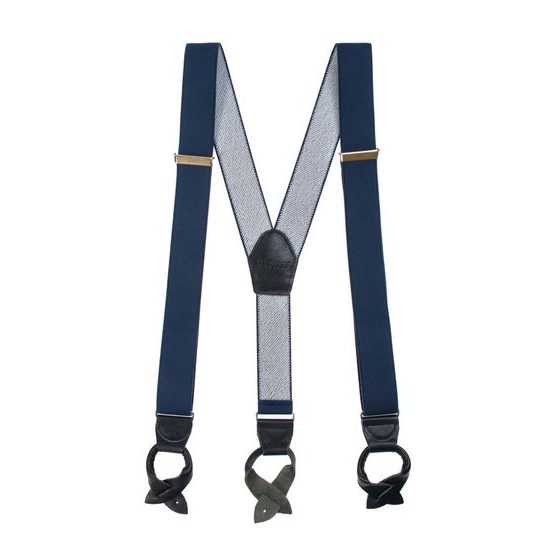 Bretele albastru închis cu accesorii din piele neagră pentru nasturi