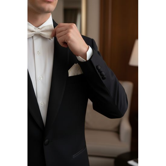 Premium krémszín Ceremoni csokornyakkendő díszzsebkendővel