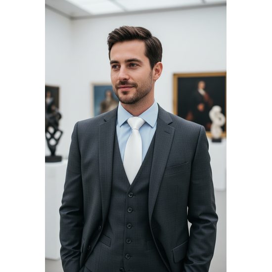 Cravata barbati alba satinata lucioasa